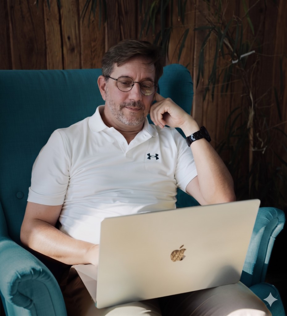 Stephen Kunstmann in einem Sessel mit Laptop